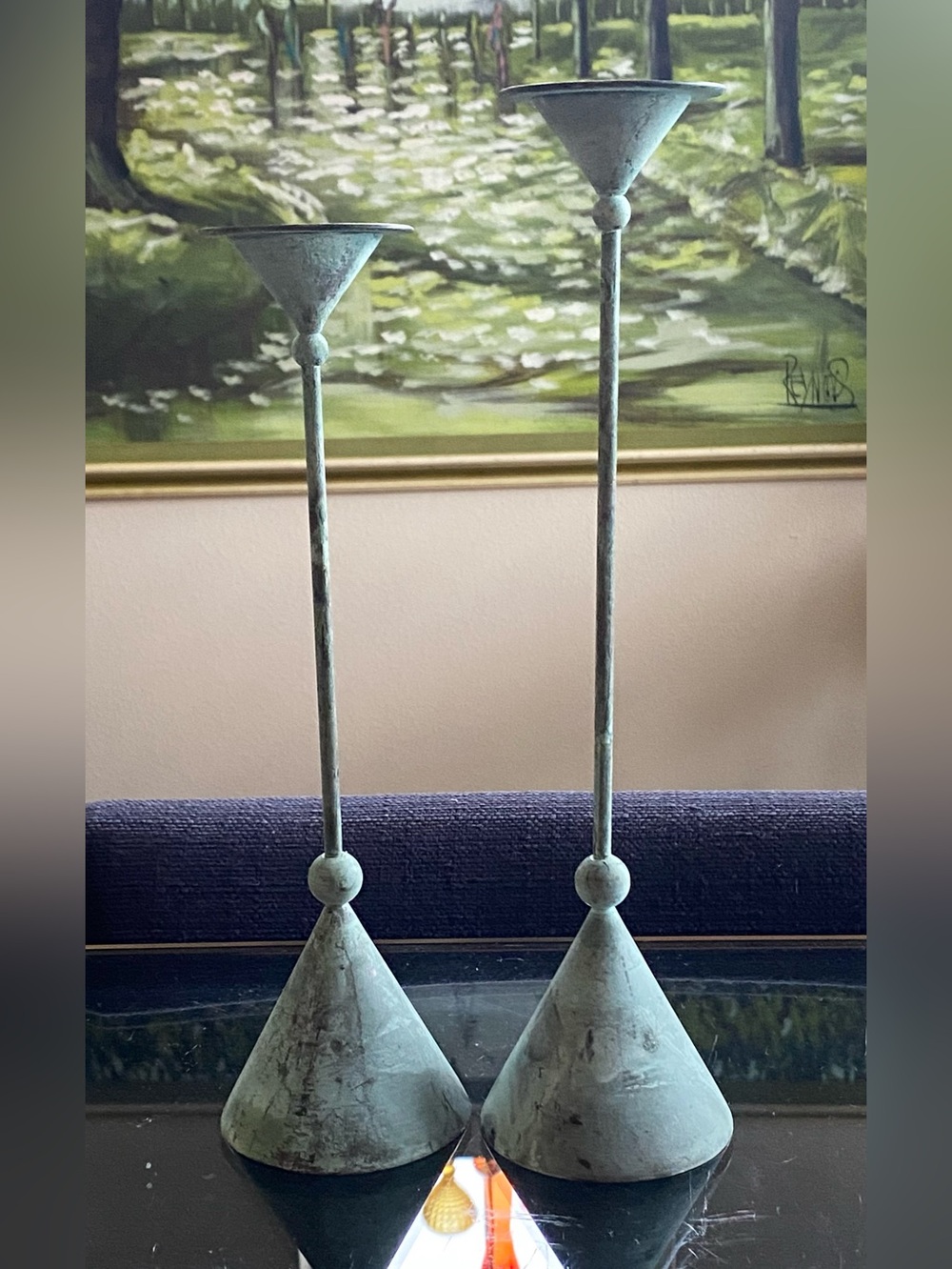 Vintage Postmodern Memphis Milano Style Verdigris Candlesticks - Pair
